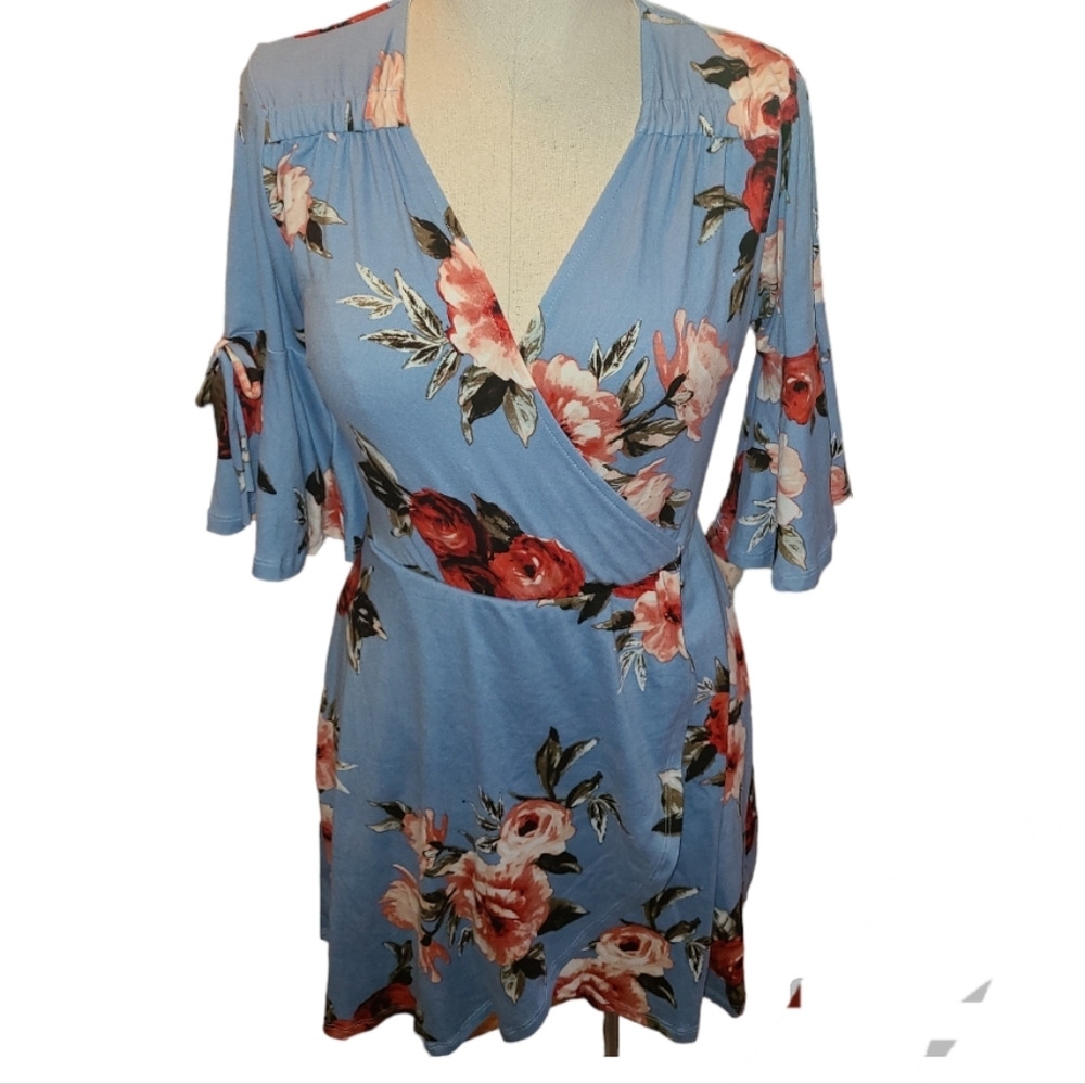 Stillettos, Blue Floral Bell Sleeve mini Dress.